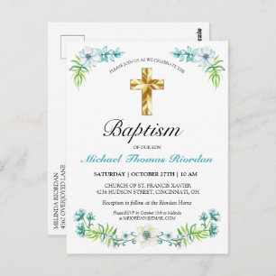 Classic Gold Cross Boy's Blue Baptism Invitation