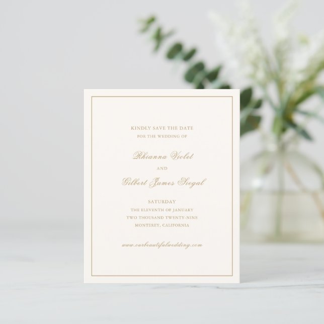 Classic Ivory and Gold Budget Wedding Save Date (Debout devant)