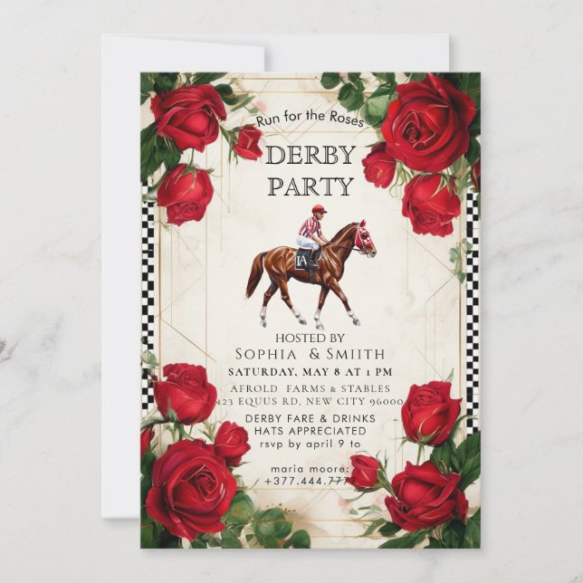 Classic Kentucky Derby Party Invitation Red Roses  (Devant)