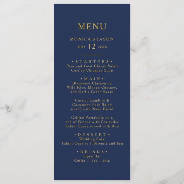 Classic Minimal Marine Blue Gold Mariage Menu du d (Devant)