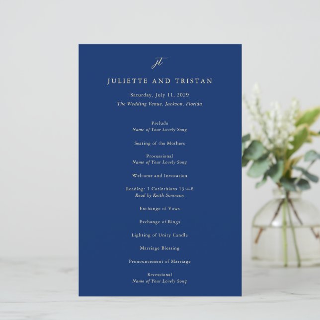 Classic Navy and Cream Elegant Wedding Program (Debout devant)