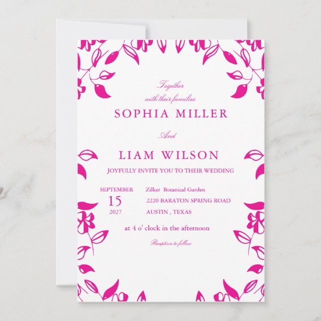 Classic Pink Floral  Wedding Invitation (Devant)