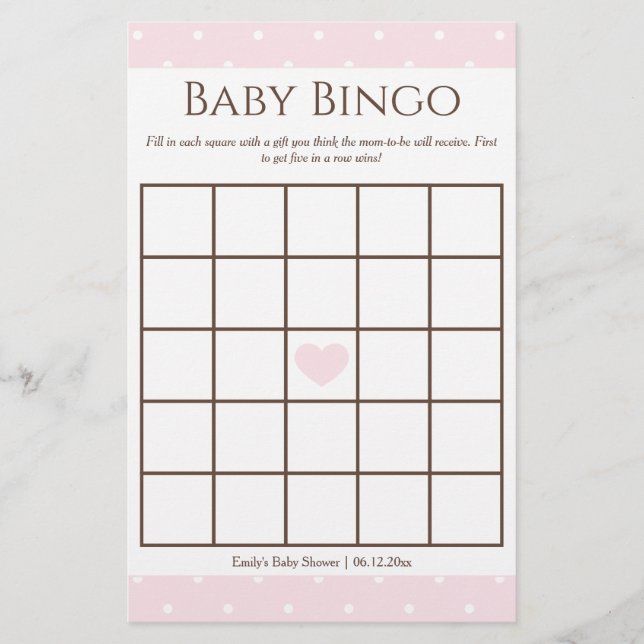 Classic Pink Poka Dot Girl Baby shower Bingo Jeu (Devant)