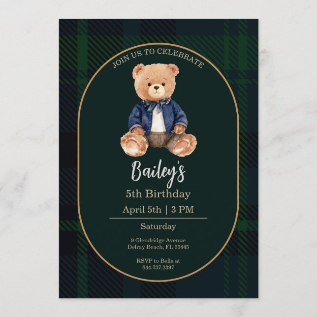 Classic Plaid Little Bear Birthday Invitation (Devant)