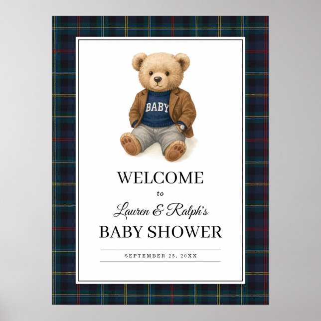 Classic Plaid Teddy Bear Baby Shower Poster (Devant)