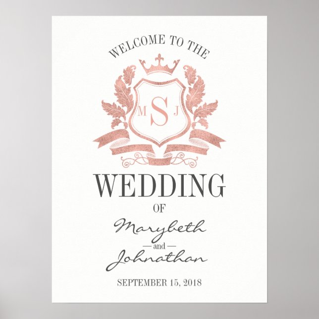 Classic Rose Gold Crest Mariage Welcome Poster (Devant)