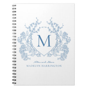 Classic Royal Blue Floral Crest Carnet Monogramme