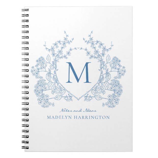 Classic Royal Blue Floral Crest Carnet Monogramme (Devant)