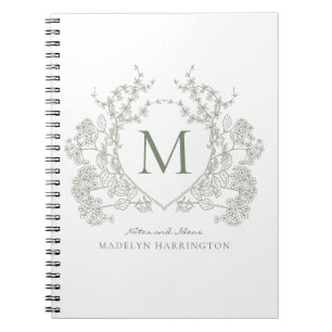 Classic Sage Green Crest Floral Carnet Monogramme