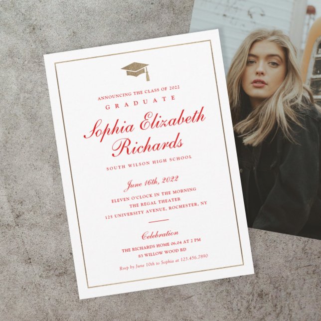 Classic Script Gold Photo Graduation Invitation (Classic red and gold script formal photo graduation invitations.)