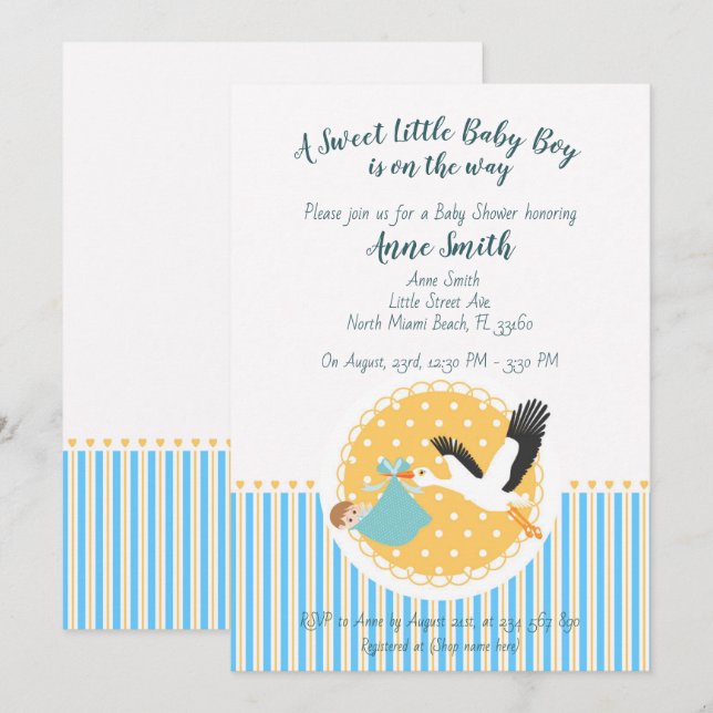 Classic Stork Baby boy Shower Invitation (Devant / Derrière)