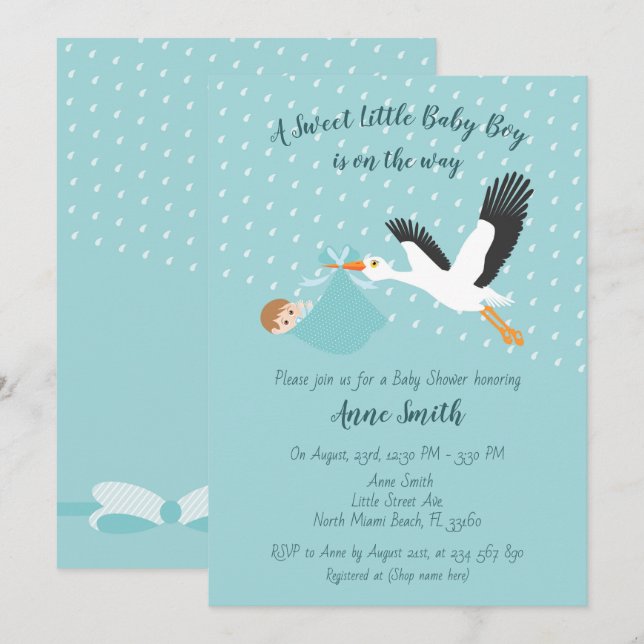 Classic Stork Baby boy Shower Invitation (Devant / Derrière)