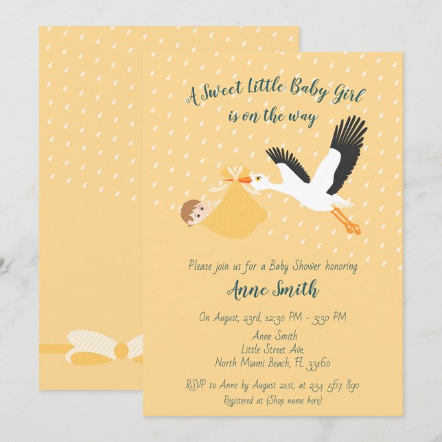 Classic Stork Baby girl Shower Invitation (Devant / Derrière)