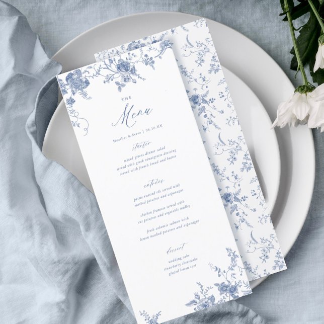 Classic Toile Bleu Mariage Floral Menu Table (Créateur téléchargé)