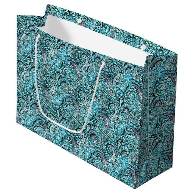 Classic Turquoise Paisley Grand sac cadeau (Devant Angle)