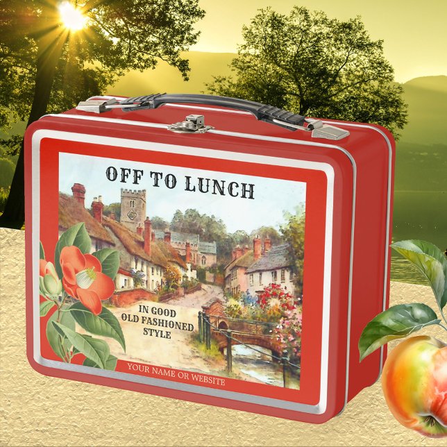 Classic Vintage Anglais Village Painted Lunch Box (Retro style lunch box featuring a vintage English village painting with botanical flower.)