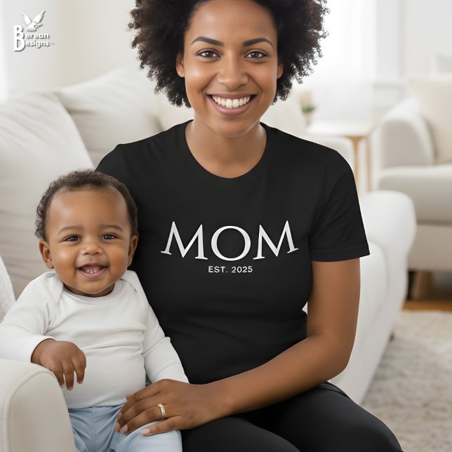 Classic White Caps Mom Established T-Shirt (Mom Established black T-shirt with classic white typography. Ideal mom gif for Mother's Day.)