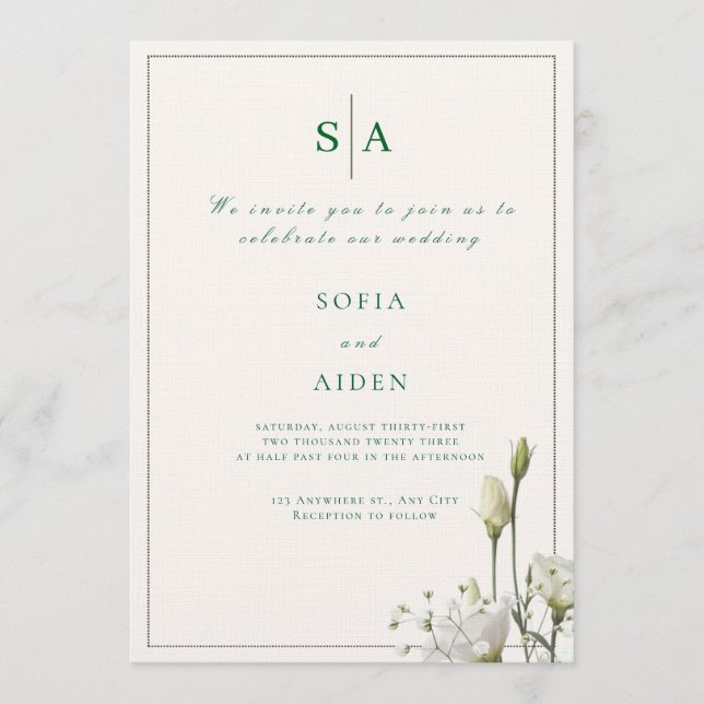 classic white floral and border wedding invitation (Devant)