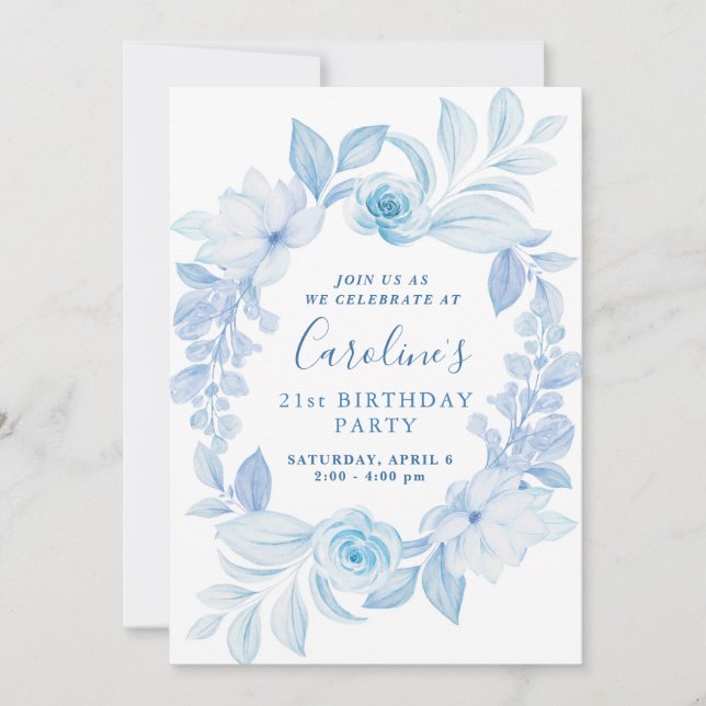 Classique Chic Blue Flower Invitation d'anniversai (Devant)