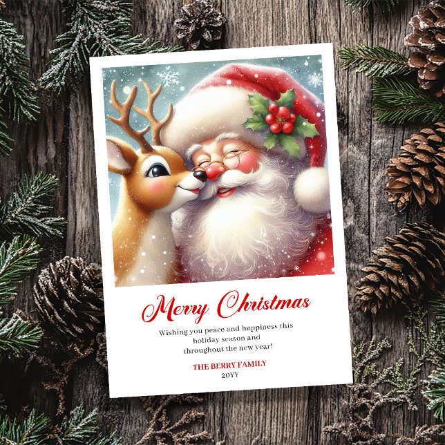 Classique Conviviale Santa Et Rudolph Carte De Vœu (Cozy Classic Santa And Rudolph Holiday Greeting Card)