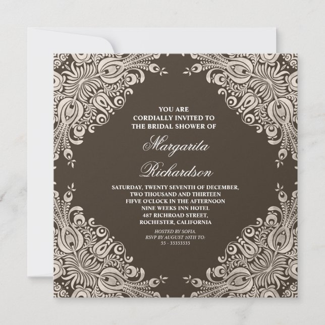 classique élégant marron damassé invitations de do (Devant)