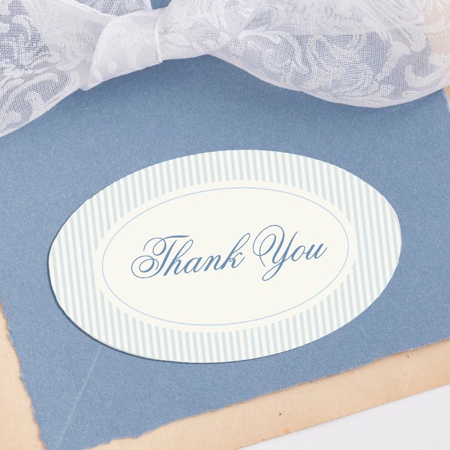 Classique Étiquette Mariage Merci Rayures Bleu Cla (classic light blue stripes wedding thank you stickers with elegant script)