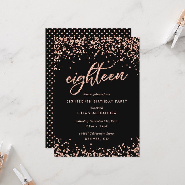 Classy 18th Birthday Invitation Rose Gold Confetti (Devant/Arrière en situation)