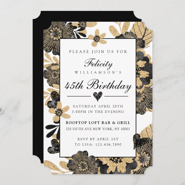 Classy Chic Floral Noir Invitation Anniversaire (Devant / Derrière)