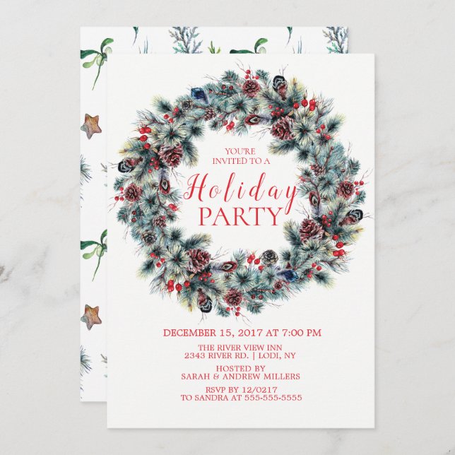 Classy Christmas Wreath Fête Invitation (Devant / Derrière)