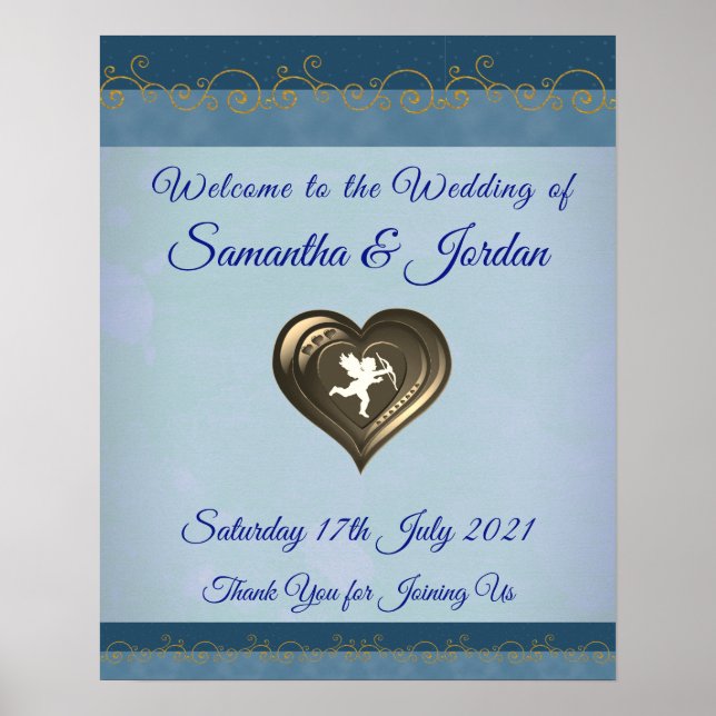 Classy Cupid en Coeur, Bleu & Or Accueil Poster (Devant)