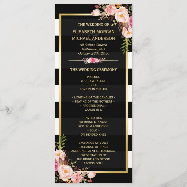 Classy Floral Stripes Gold Frame Wedding Programme (Devant)