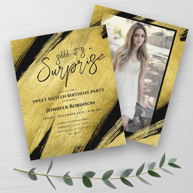 CLASSY Gold Foil Photo Surprise Sweet 16 Invitatio (CLASSY Gold Foil Photo Surprise Sweet 16 Invites )