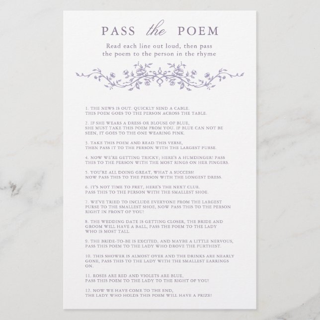Classy Lavender Floral 'Pass the Poem' Game  (Devant)