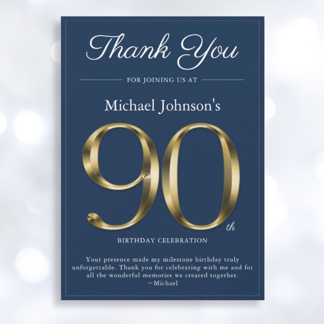 Classy Navy Blue Gold 90th Birthday Carte de remer (Mockup View)