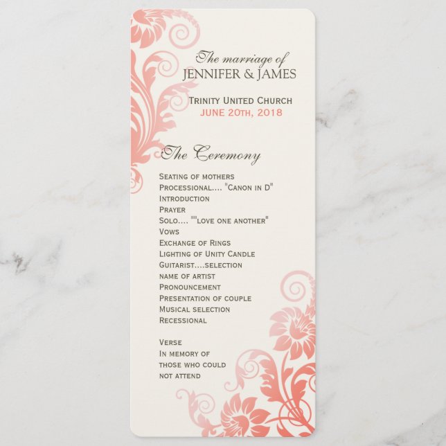 Classy Ombre Coral Wedding Programme (Devant)