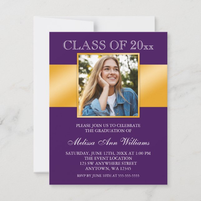 Classy Purple Gold Photo Faire-part de graduation (Devant)