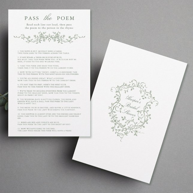 Classy Sage Green Floral 'Passer le poème' Jeu (Front & Back)