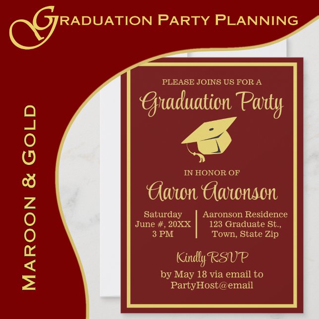 Classy Stylish Gold sur Maroon Graduation Photo (A maroon and gold color scheme brings elegance to your graduation party.  www.greencarbon2112.com)