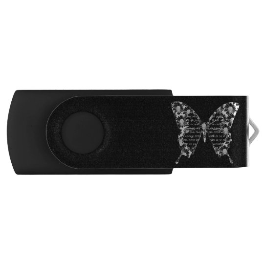 Clé USB noire, papillon noir et blanc, écriture