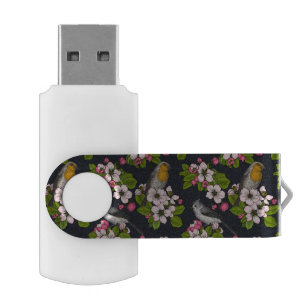 Clé USB Oiseaux et fleurs en noir