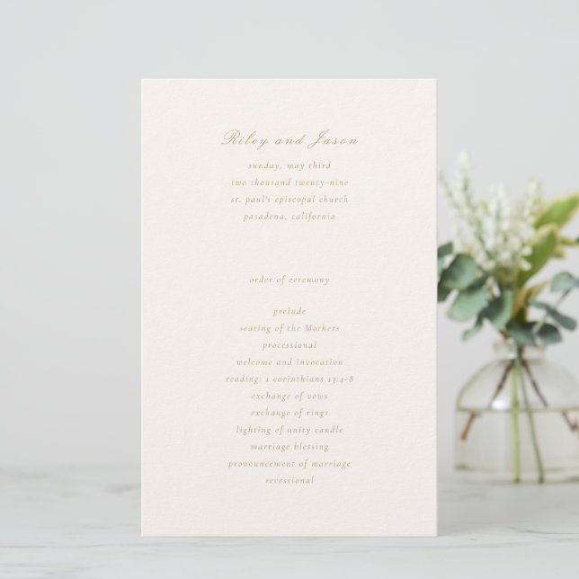 Clean Ivory et Gold Elegant Wedding Programme (Debout devant)