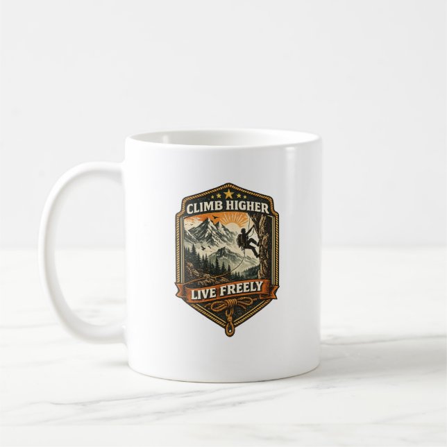Climb Higher Live Freely Adventure Coffee Mug (Gauche)