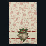 Cloches de Noël Vintage et serviette de cuisine Ho<br><div class="desc">Jolie combinaison de cloches de vacances antiques,  arc de saint et de beige sur bande de coquillages rouges et motif fleuri rustique arrière - plan.</div>