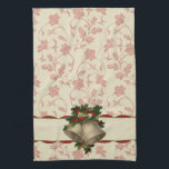 Cloches de Noël Vintage et serviette de cuisine Ho<br><div class="desc">Jolie combinaison de cloches de vacances antiques,  arc de saint et de beige sur bande de coquillages rouges et motif fleuri rustique arrière - plan.</div>