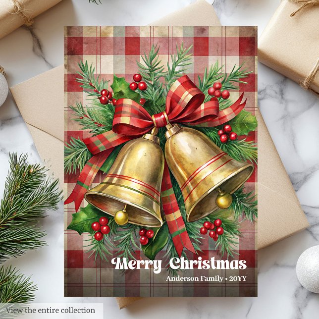 Clochettes de Noël élégantes carte classique aux b (Stylish Christmas bells classic holly berries card)