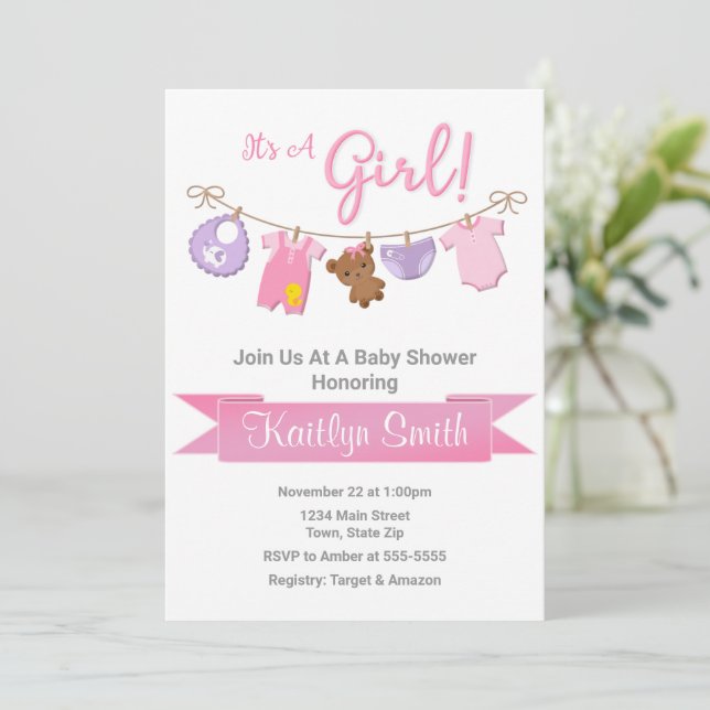 Clothesline Baby shower Invitation Baby Girl (Debout devant)