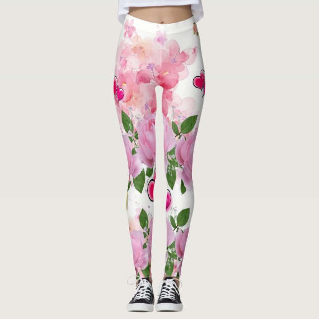 Clou jaune floral Coeurs rose polonais Leggings (Devant)