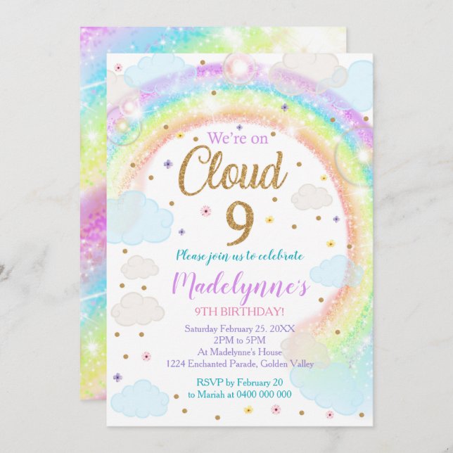 Cloud 9 Invitation Arc-en-ciel Nuages Invitation (Devant / Derrière)