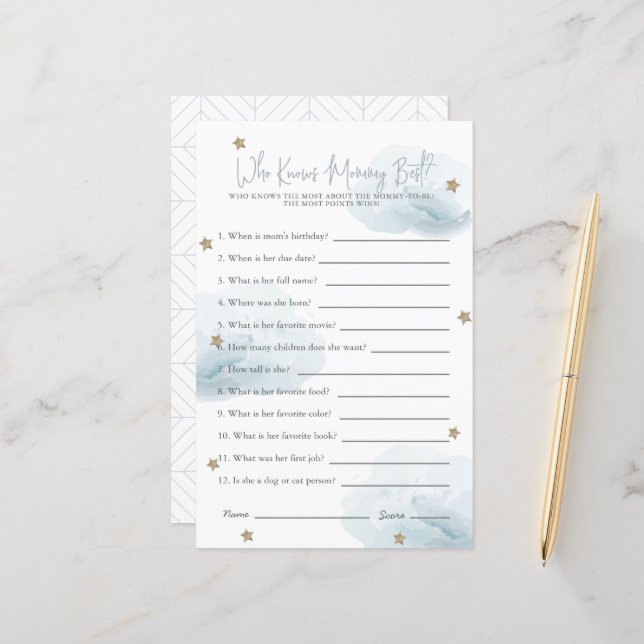 Cloud 9 Qui Connaît Maman Baby shower Bleu Jeu (Devant/Arrière en situation)