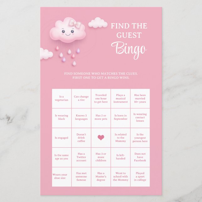 Cloud rose pastel doux Trouvez le jeu de Bingo inv (Devant)